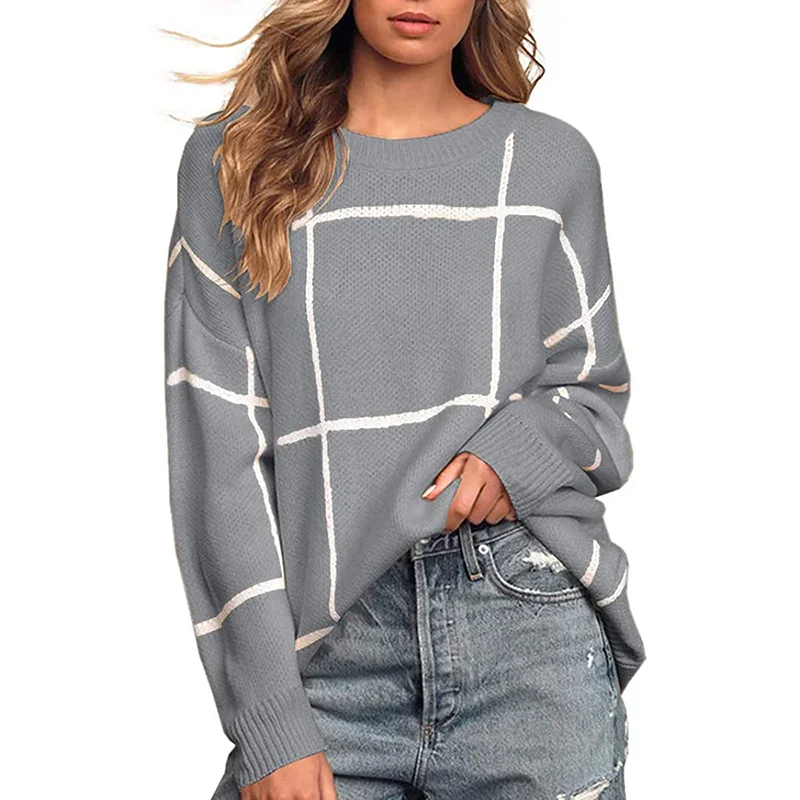 Gray Plaid Print Pullover Knit Sweater