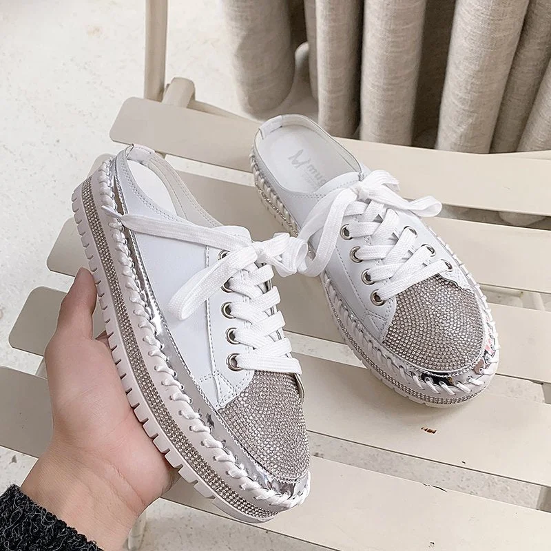 Crystals Round Toe Leather Flats Shoes Women Silver Bling Loafers Couple Platform Shoes Woman Flat With Students Size 43