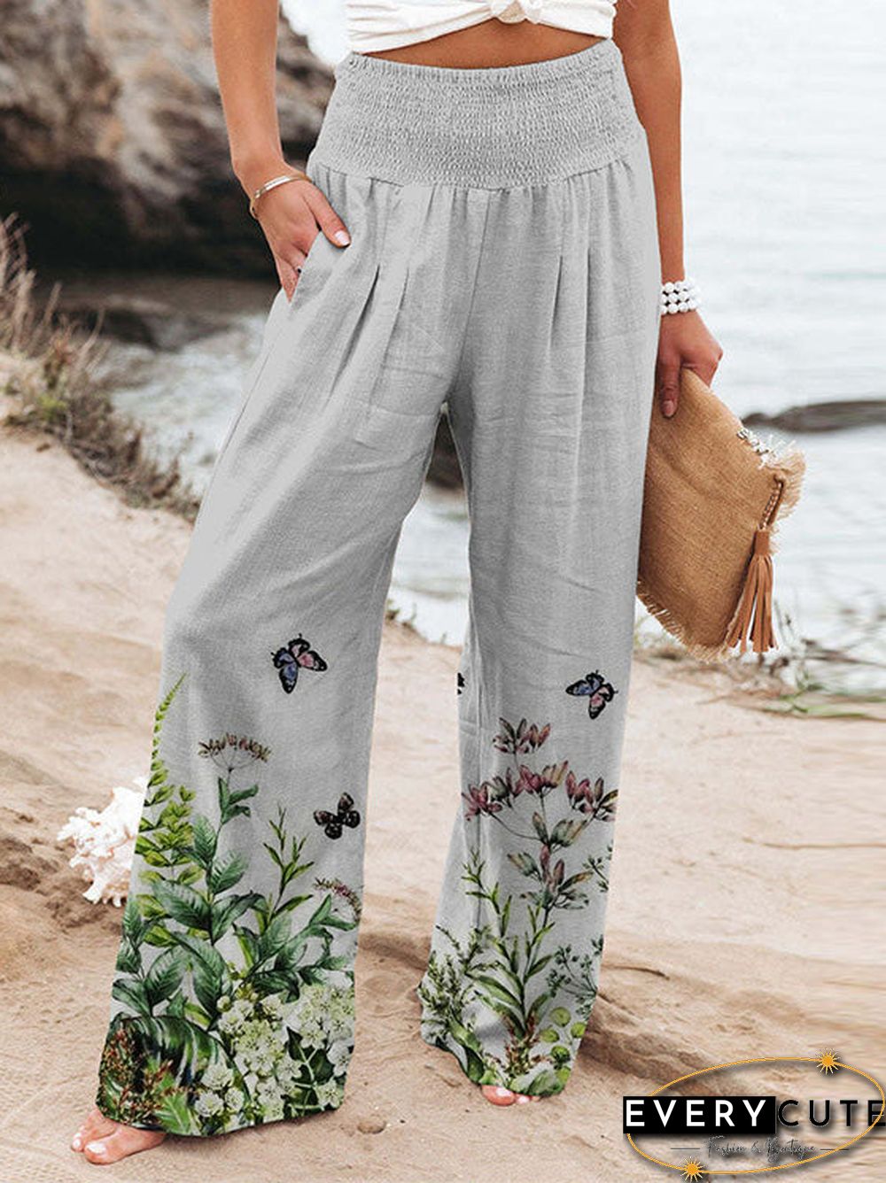Women'S Pants Printed High Waist Slip Pocket Straight Pants