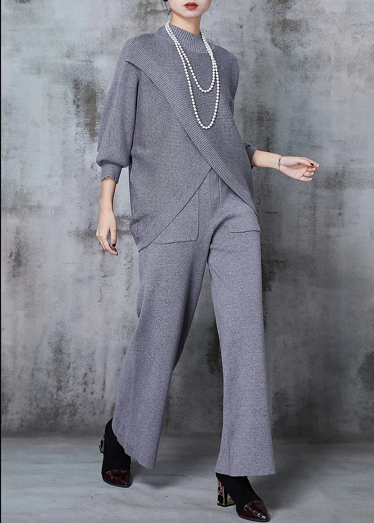 Chic Grey Asymmetrical Design Knit Two Pieces Set Batwing Sleeve