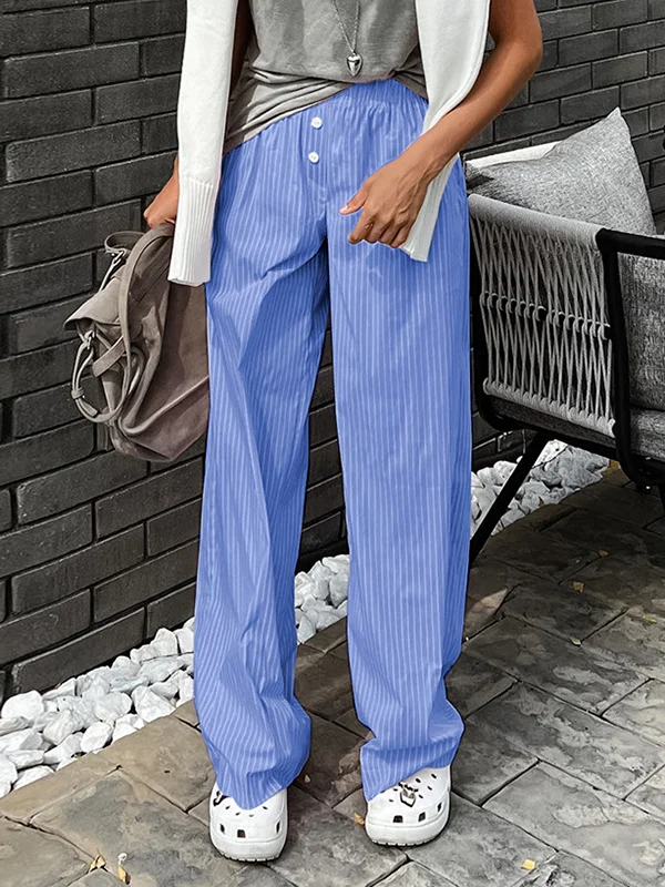 Buttoned Elasticity Split-Joint Striped Loose Wide Leg Trousers Pants