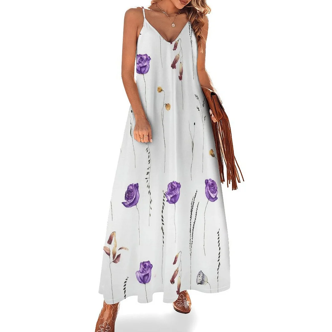 Style & Comfort for Mature Women Plus Size Printed Sling Casual Women Maxi Dress in Pattern Floral, Purple, Rose