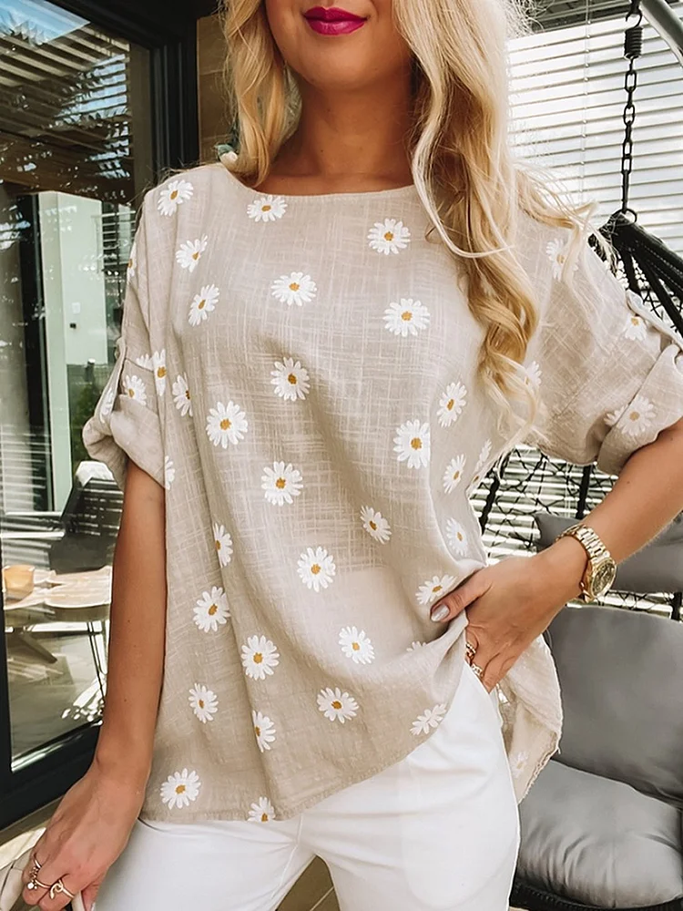 Womens Crew Neck Short Sleeve Floral Shirt Blouse Tops