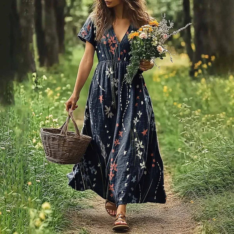 Simpfit Damen Bohemian Floral Art Leinenkleid