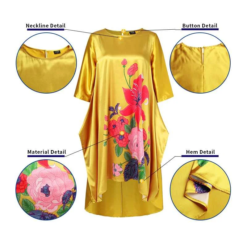 Vintage Floral Printed O Neck Dress 2022 Summer Spring Asymmetric Hem Pleated Vestidos VONDA Casual 3/4 Sleeve Beach Sundress