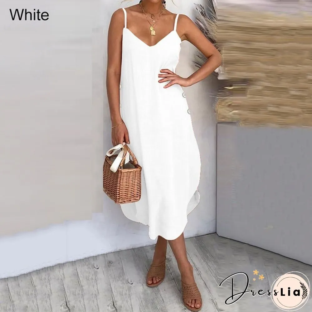 Womens Summer Long Dress Spaghetti Straps Neck Irregular Hem Holiday Casual Party Sundress