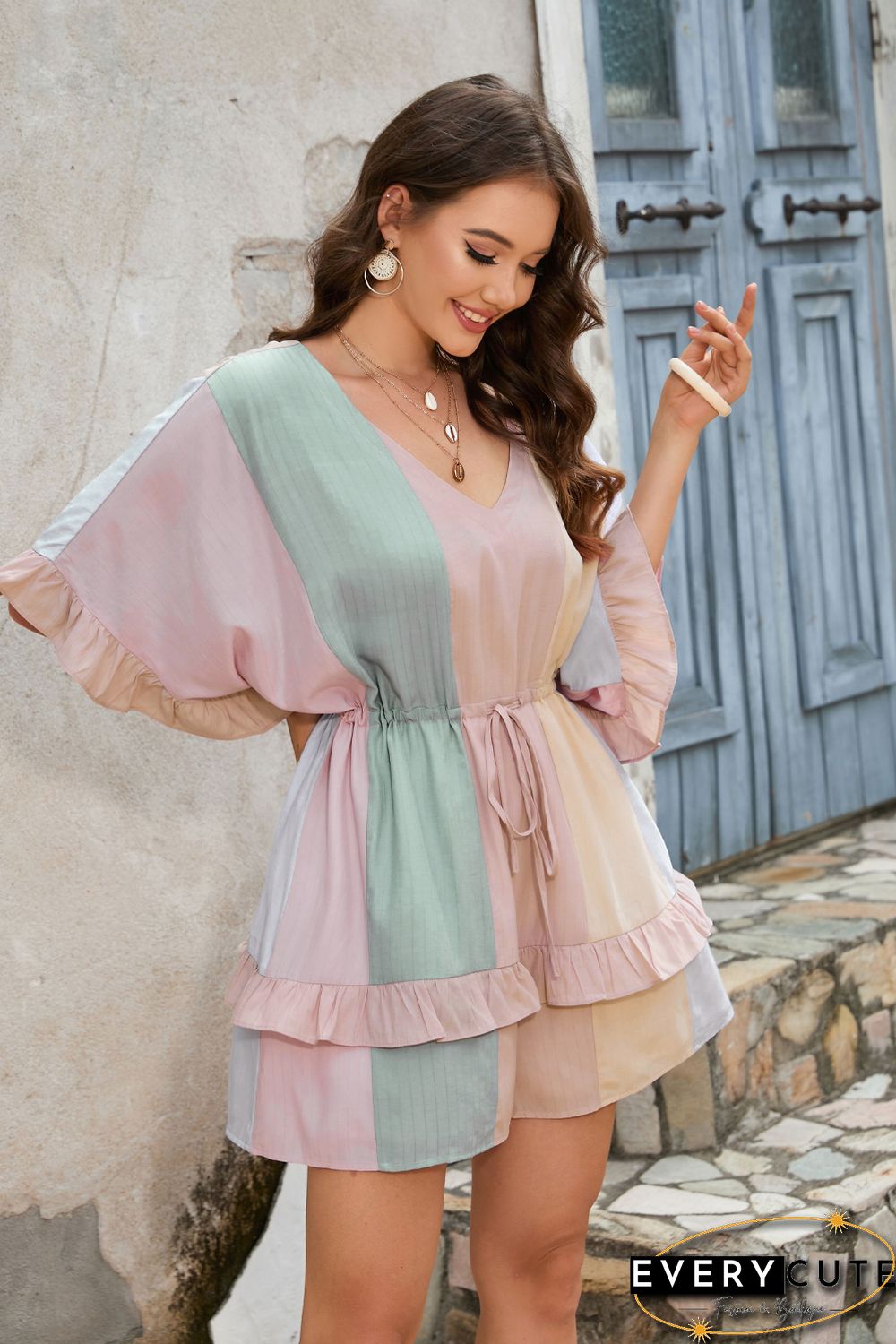 Multicolor Color Block Ruffled Drawstring High Waist Romper