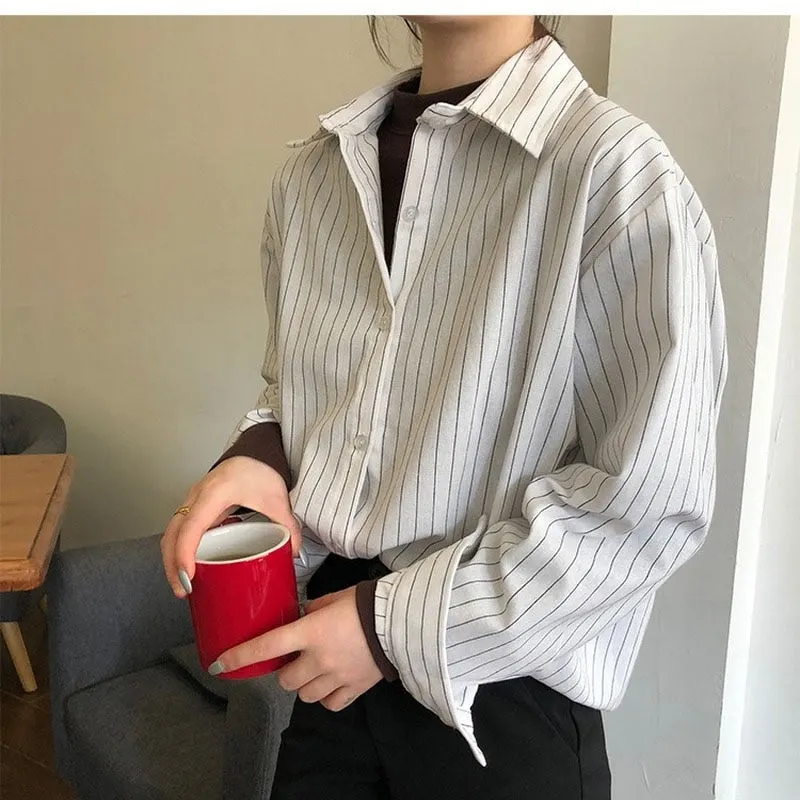 Female Streetwear Blouse Women Striped Shirt 2021 Spring Winter Long Sleeve Casual Loose Shirts Oversize Fashion Clothing 11097