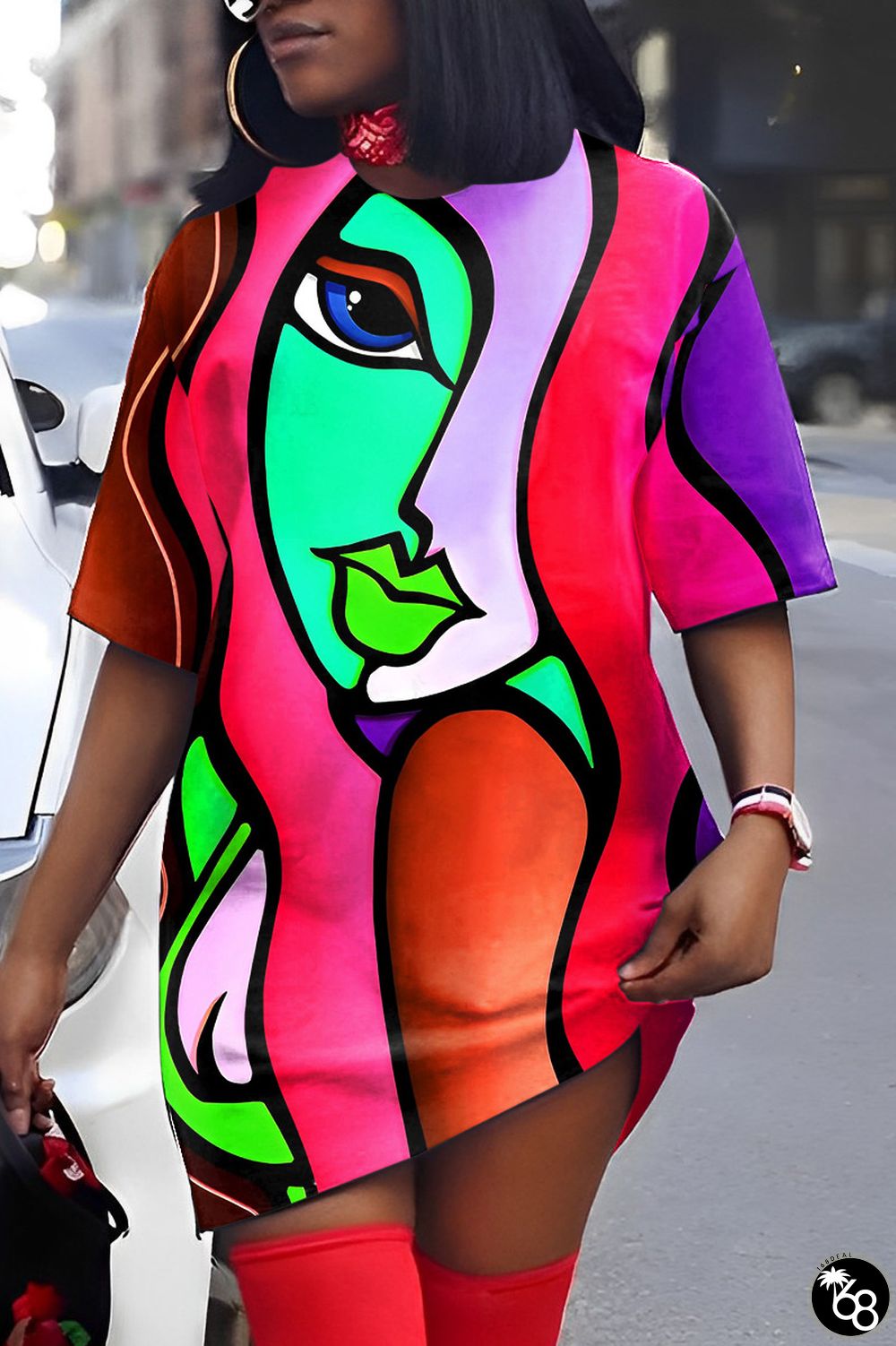 Multicolor Casual Print Patchwork V Neck Short Sleeve Dress | 168DEAL