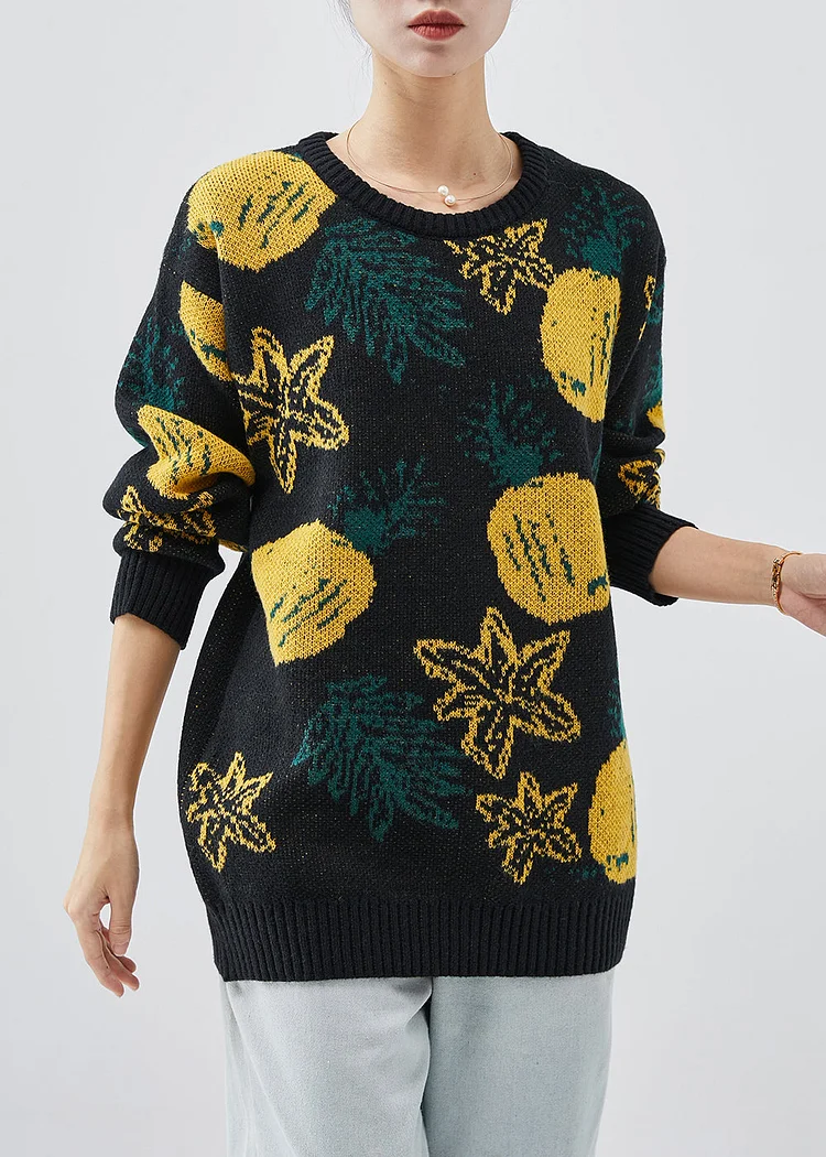 Plus Size Black Oversized Print Knit Sweater Tops Winter