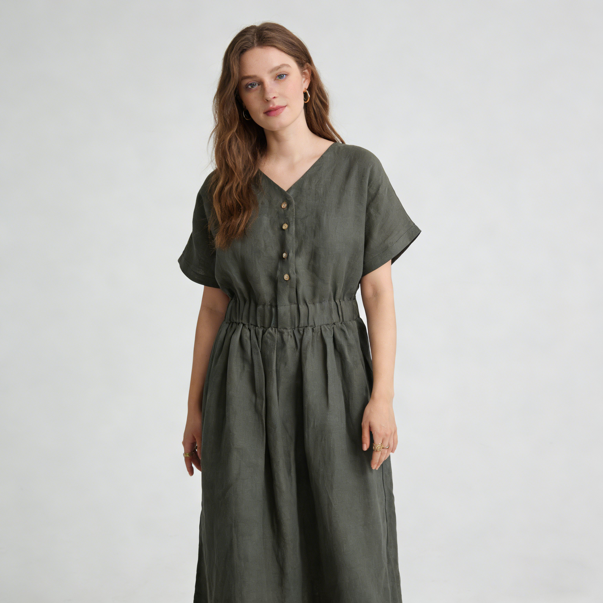 Linen Maxi Dress Women 100% Linen V Neck Elastic Waist Summer Dress REAL SILK LIFE