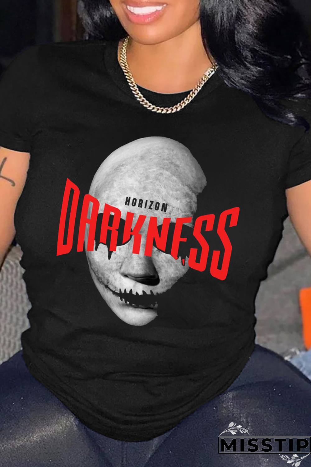 Black Casual Simplicity Print Patchwork O Neck T-Shirts