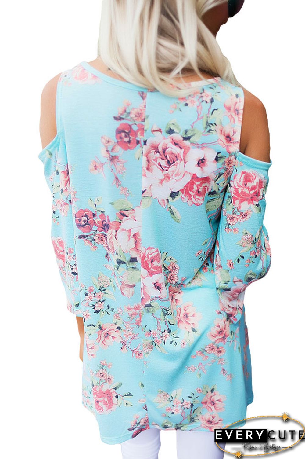 Light Blue Floral Print Three Quarter Sleeve Drop Shoulder Blouse