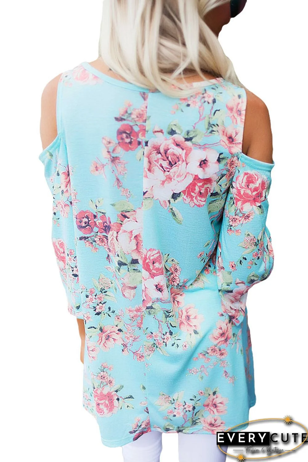 Light Blue Floral Print Three Quarter Sleeve Drop Shoulder Blouse