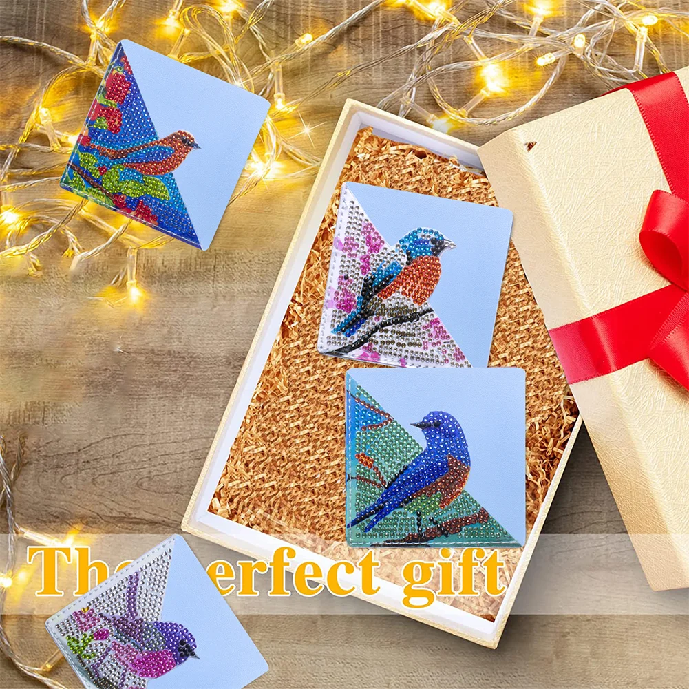 4pcs DIY Bird Diamond Art Bookmarks Art Craft 5D Leather Triangle Page Book Marks