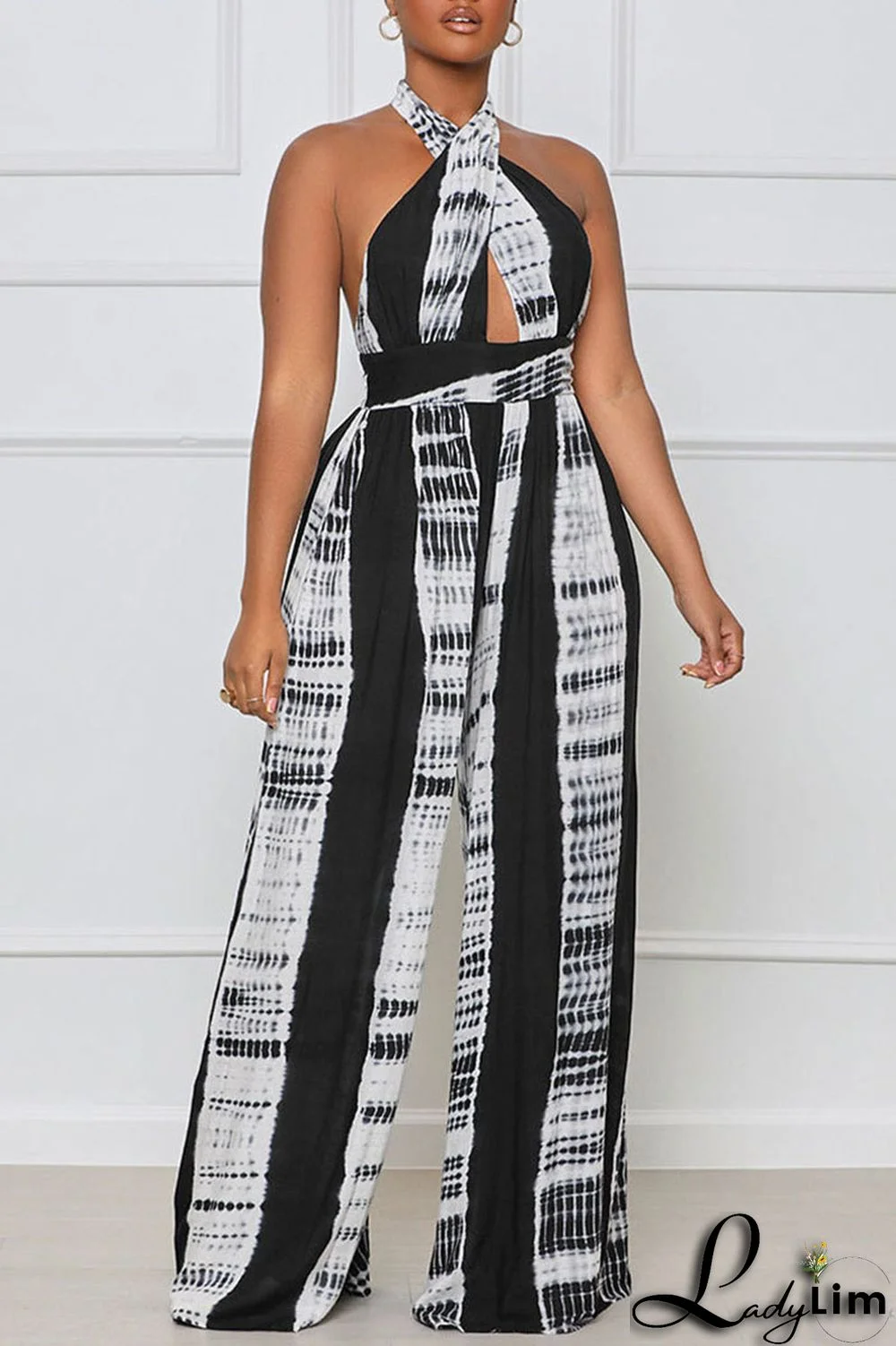 Black Casual Print Split Joint Backless Halter Straight Jumpsuits