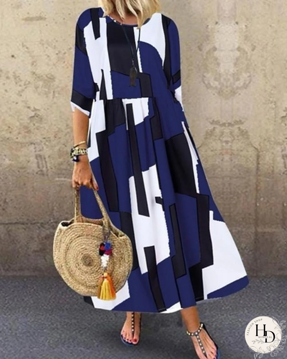 Women's Loose Maxi long Dress Half Sleeve Geometric Plus Size Hot Loose Blue Red Blushing Pink S M L XL XXL 3XL
