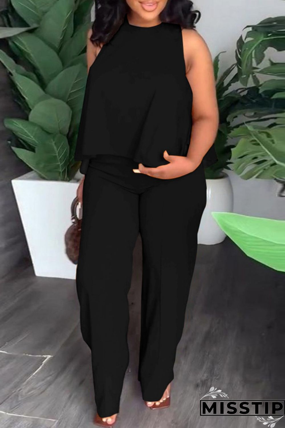 Black Casual Solid Basic O Neck Plus Size Two Pieces