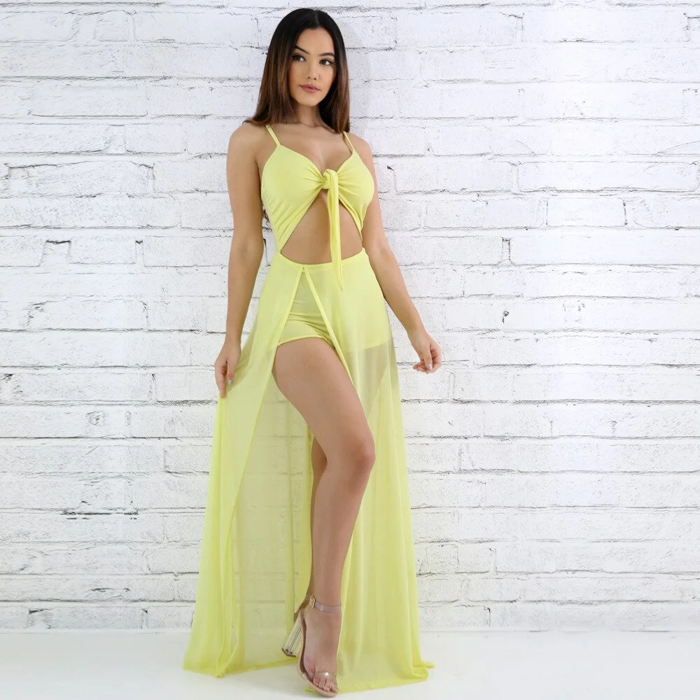 Women  Beach Bikini Cover-Ups Dresses Summer Solid V-Neck Dresses Bandage Regular Boho Tulle Long Maxi Dress Beachwear Dress