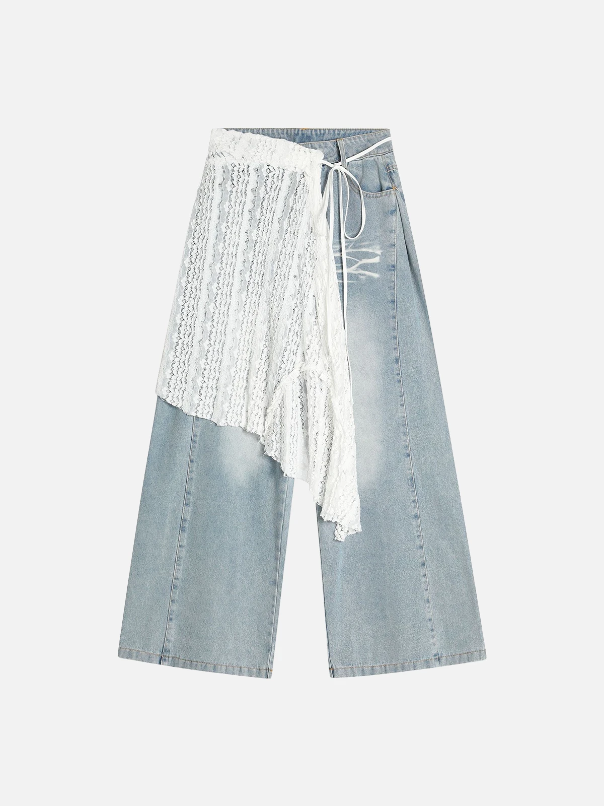 Blue Act Chic Detachable Irregular Cutout Lace Jeans Front
