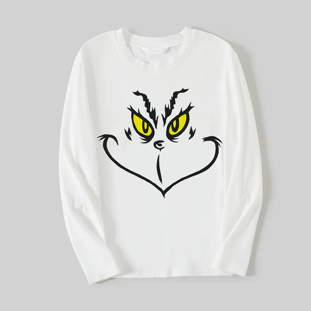 2024 Cat Face Smile Christmas Cartoon Pattern Contrast White Long Sleeve with Classic Red and Green Plaid Pants Family Matching Pajamas with Dog