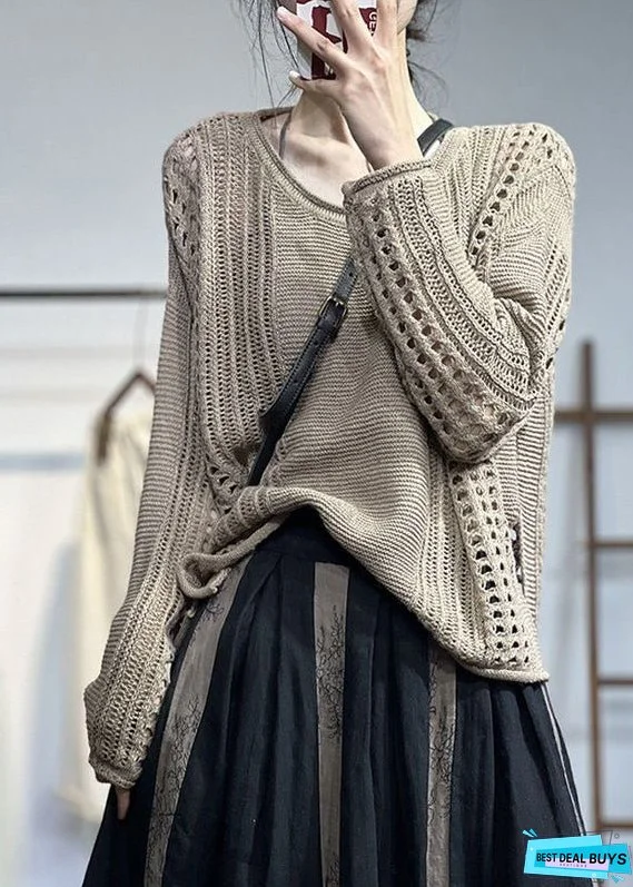 Original Design Beige O Neck Hollow Out Patchwork Knit Top Fall