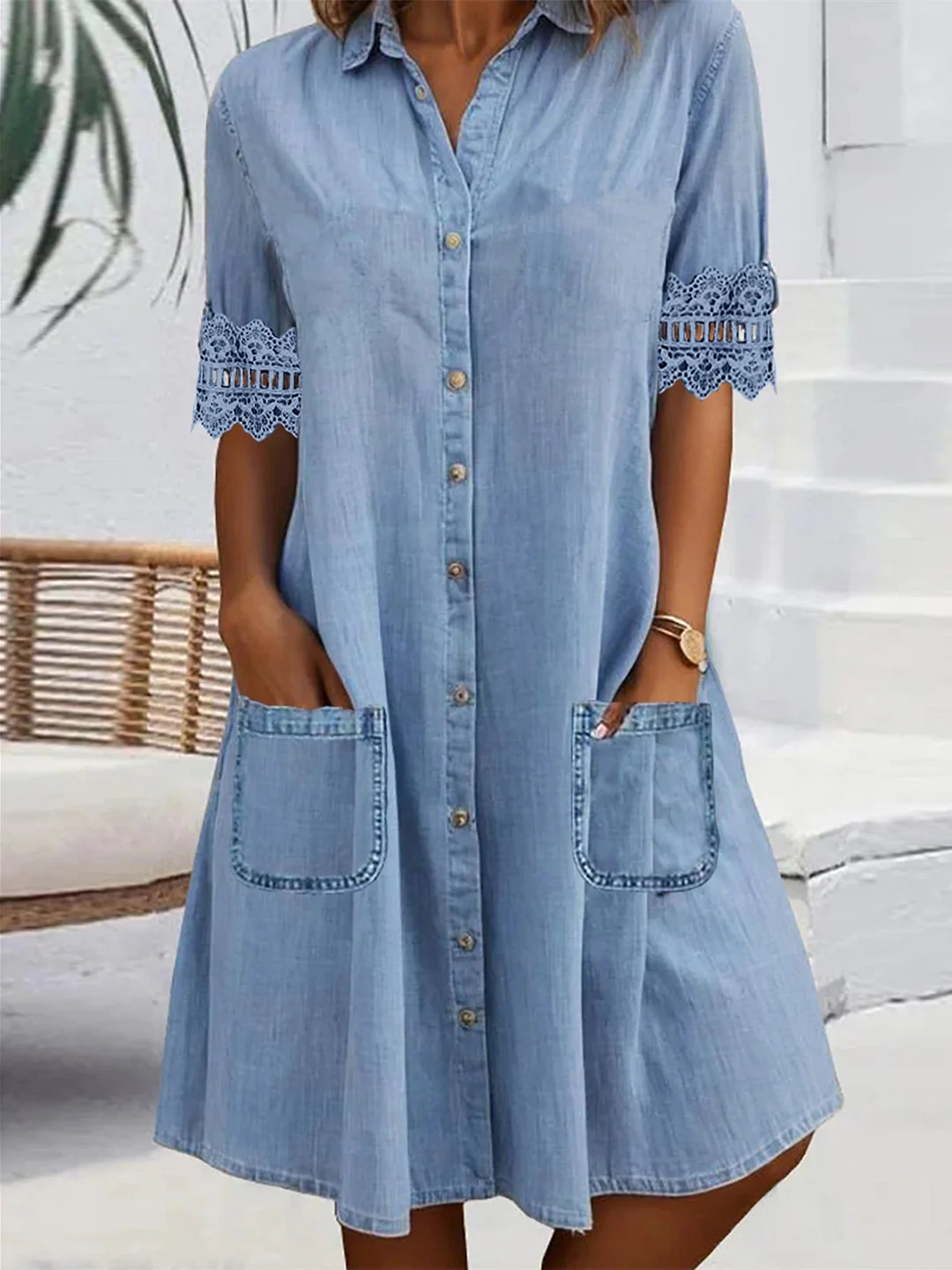 Women Short Sleeve Shirt Collar Solid Button Pockets Lace Denim Midi Dress