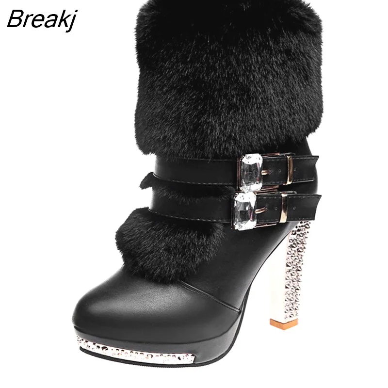 Breakj Shoes Women High Heels Boots Fashion Ladies Party Shoes Warm Fur Shoes Woman Super High Heel 10cm Black White A2813
