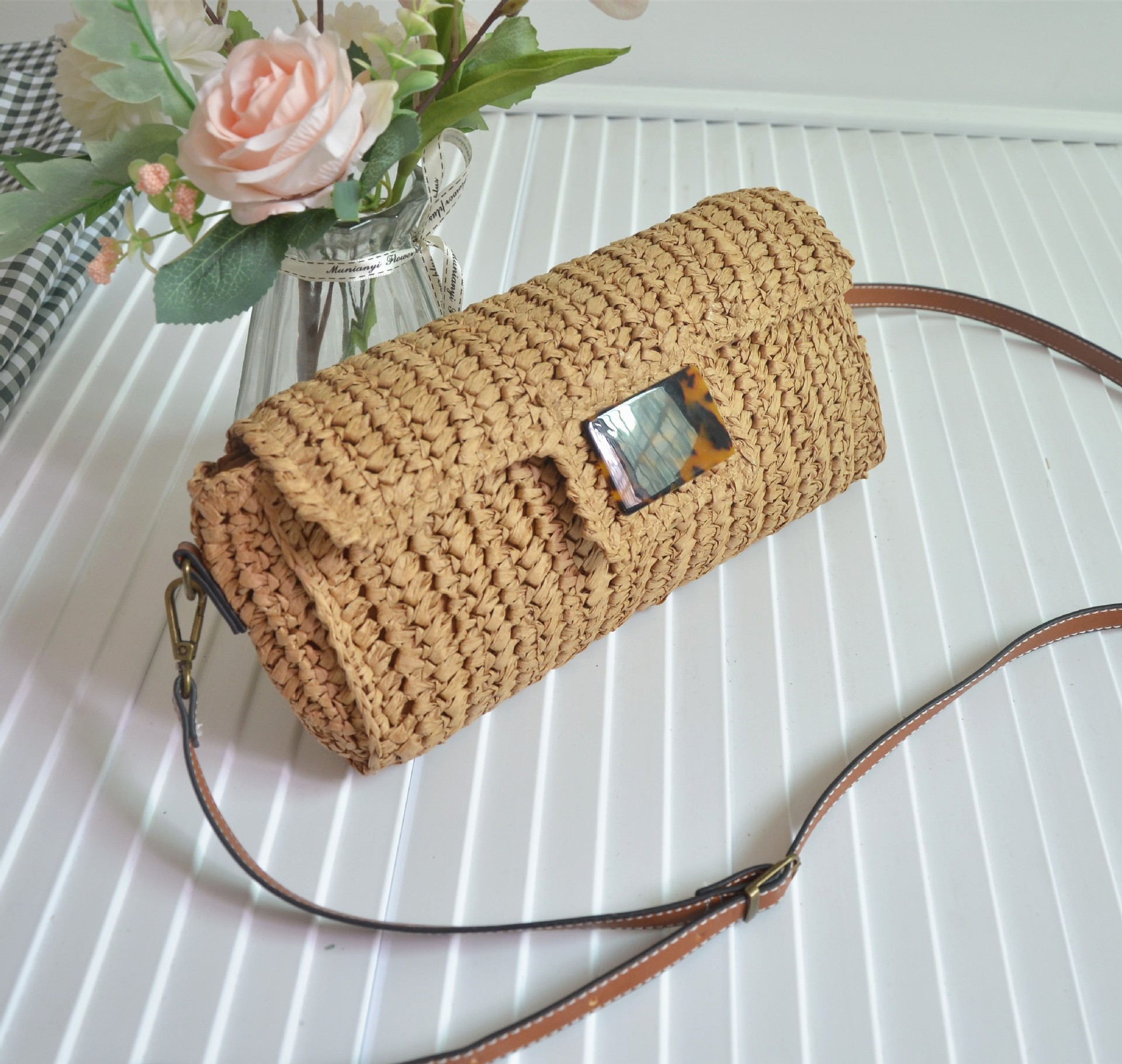Mature Ladies Straw Fashion Vintage Leopard Print Crossbody Bag
