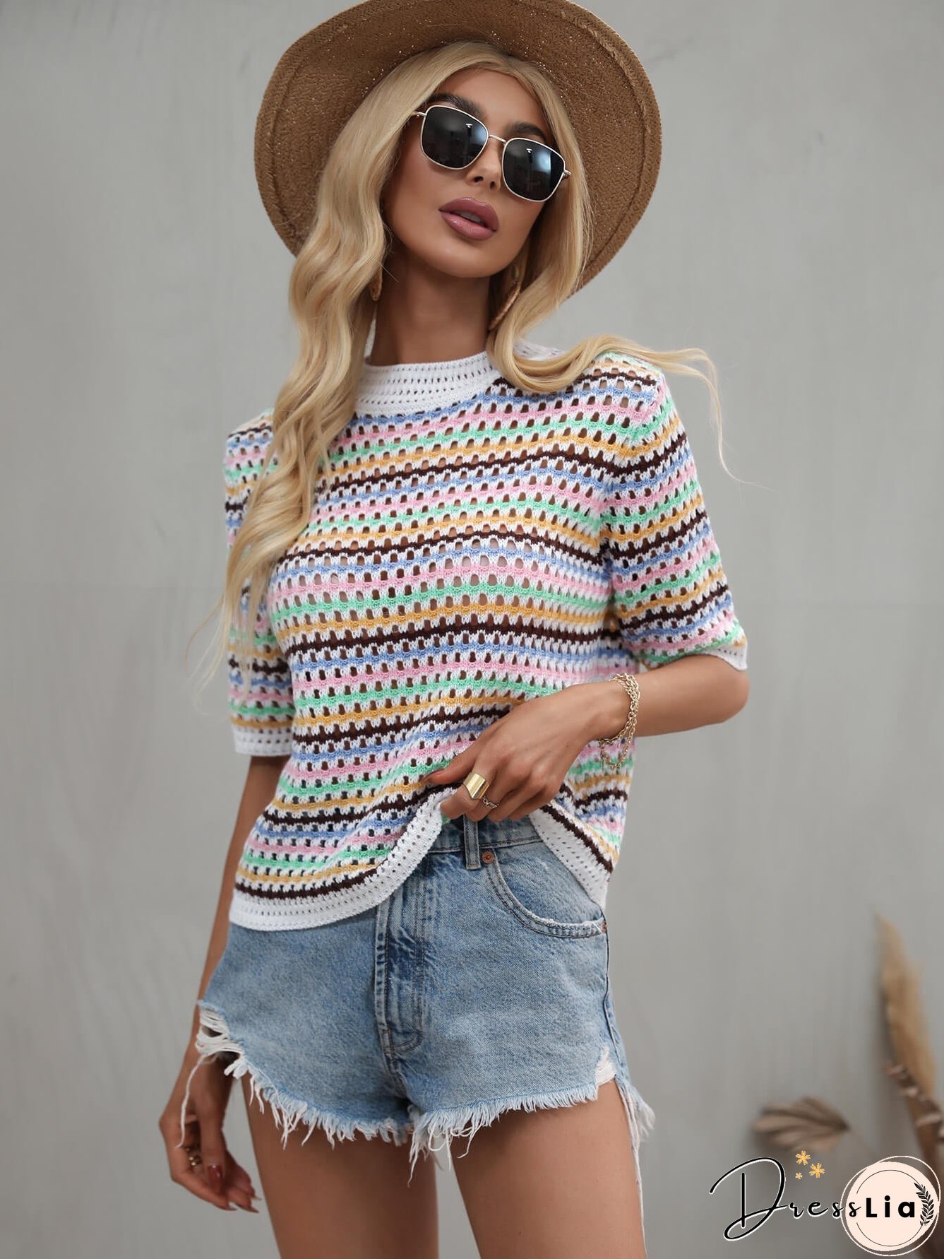 SAYLOR STRIPPED HALF SLEEVE KNIT TOP