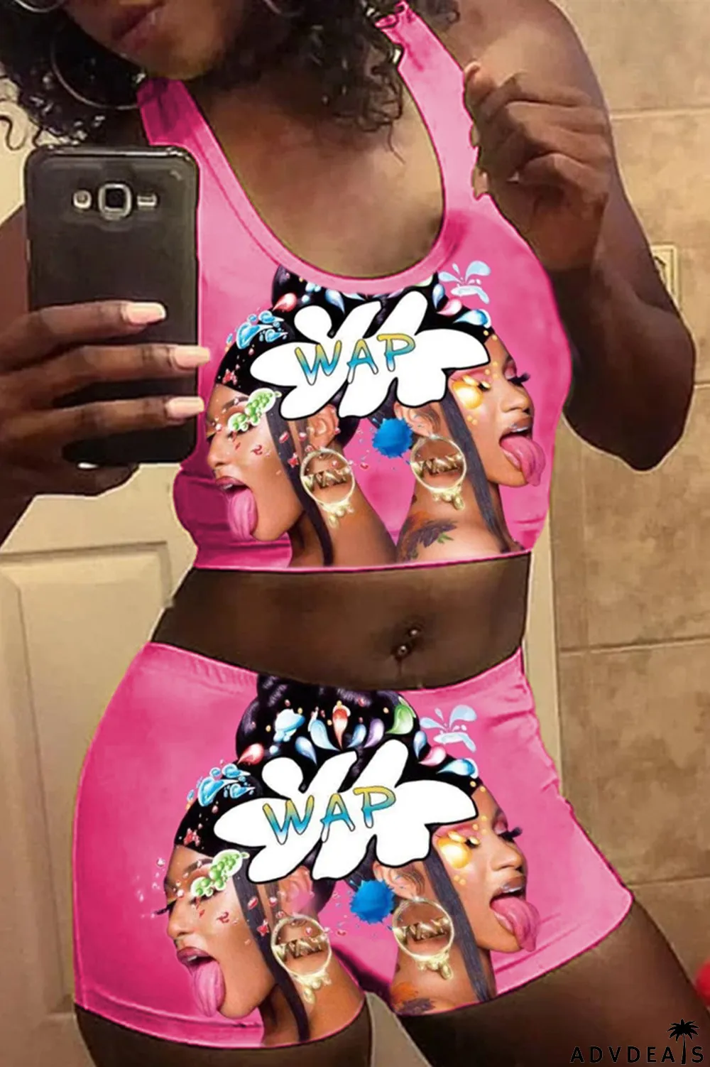 Pink Casual Sportswear Sleeveless U Neck Tank Short Print Two Pieces