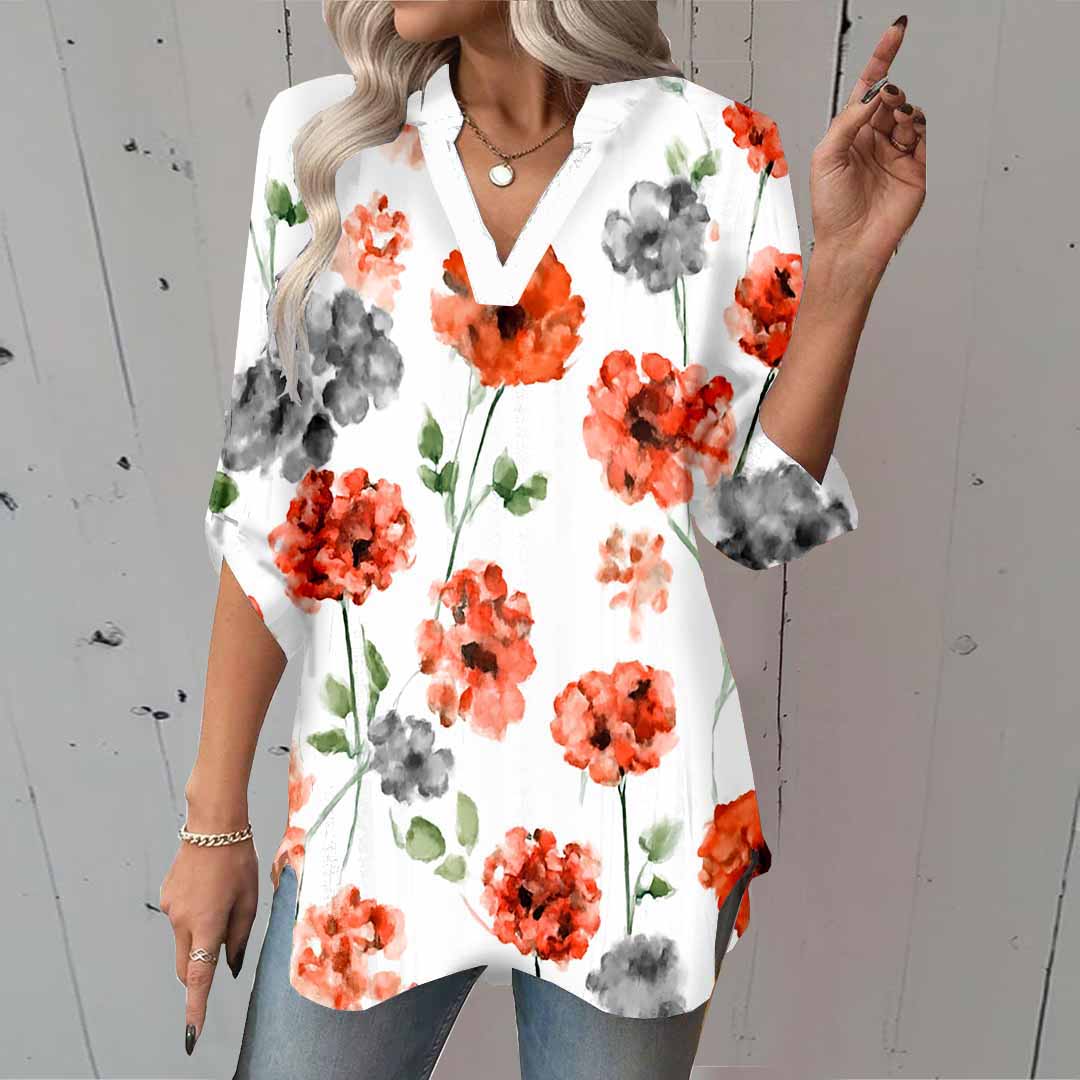 Women Floral,Red DZGA0019 3/4 Sleeve V-neck Printed Graphic Button Tops