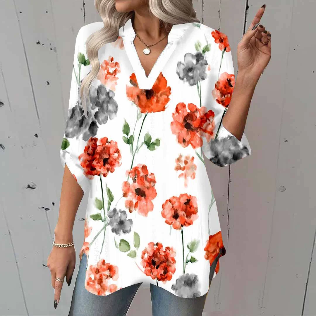 Women Floral,Red DZGA0019 3/4 Sleeve V-neck Printed Graphic Button Tops