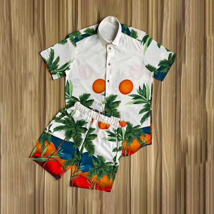 BrosWear White Seaside Holiday Print Shirt And Shorts Co-Ord