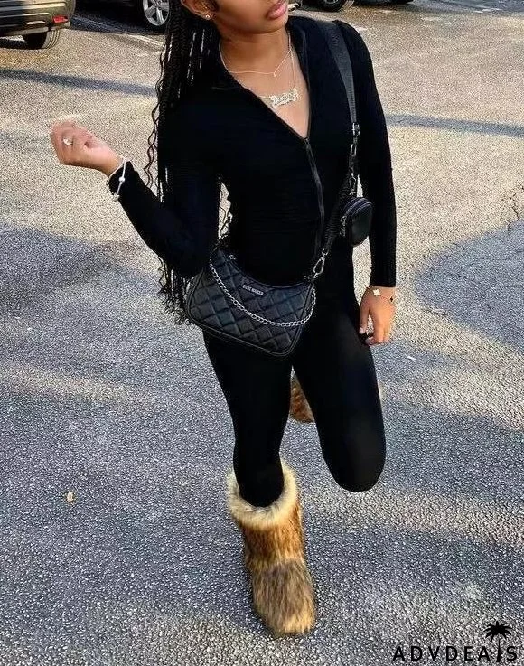 Sexy Solid Color Zipper Slim Sports Two Piece Pants Set