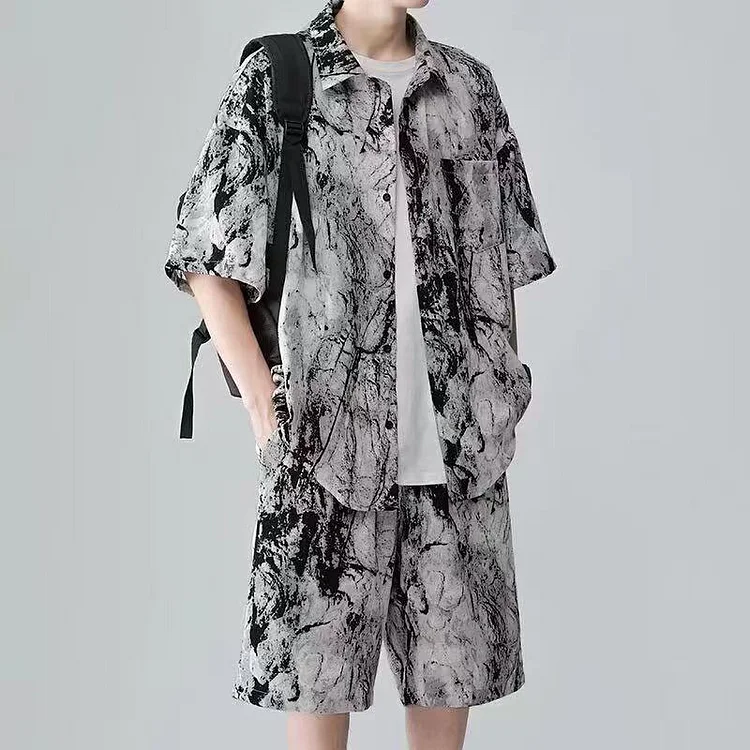 外贸凉感冰丝短袖衬衫短裤沙滩风两件套男士衬衫套装垂感大码滑料