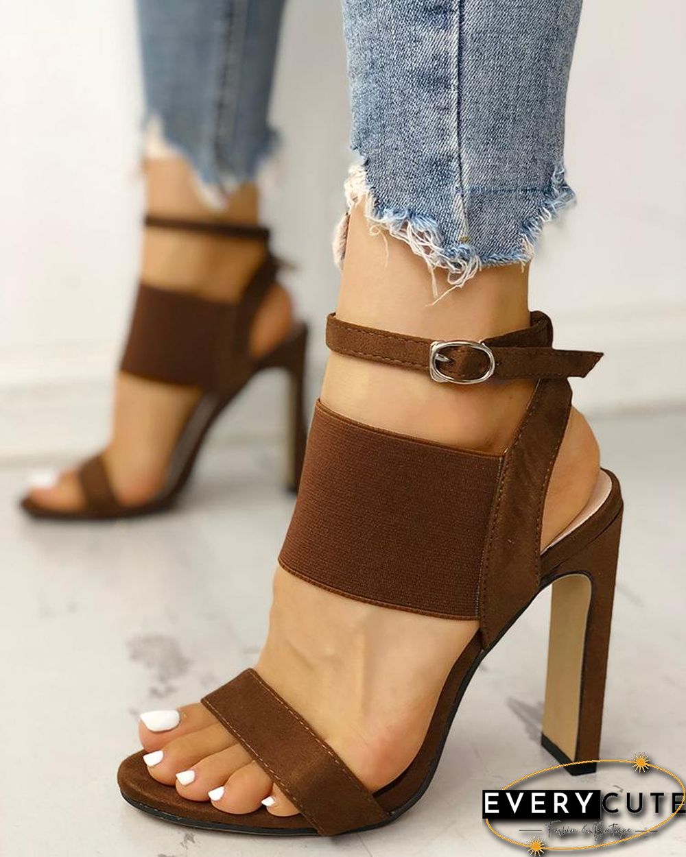 Open Toe Elastic Strap Heeled Sandals