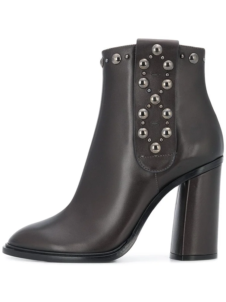 Women's Black Studs Round Toe Chunky Heels Ankle Boots |FSJ Shoes