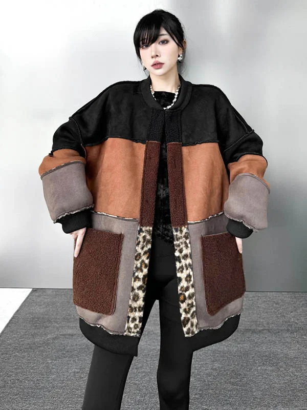 Buttoned Contrast Color Reversible Split-Joint Long Sleeves Loose Round-Neck Outerwear Cardigan Tops