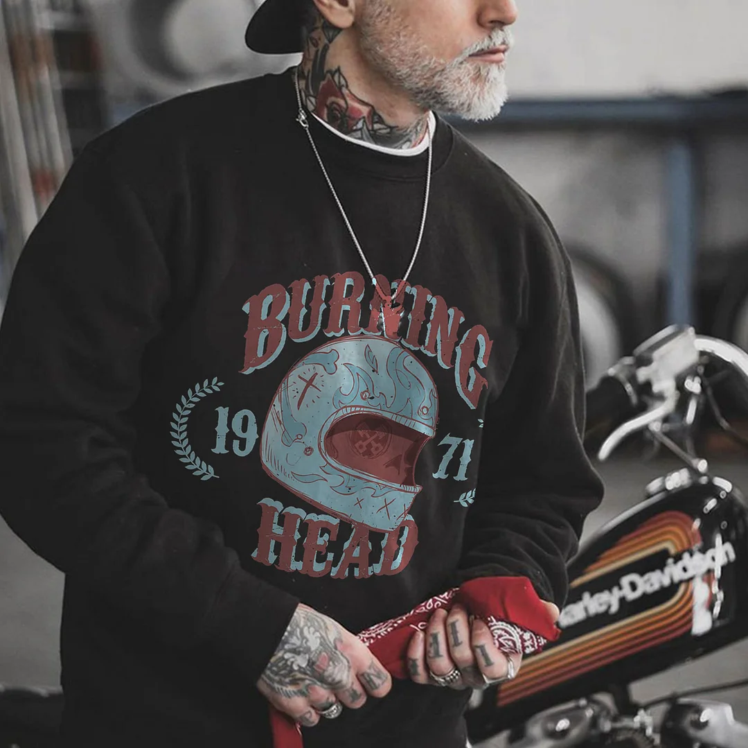 BURNING HEAD Helmet Graphic Casual Black Print Long Sleeve