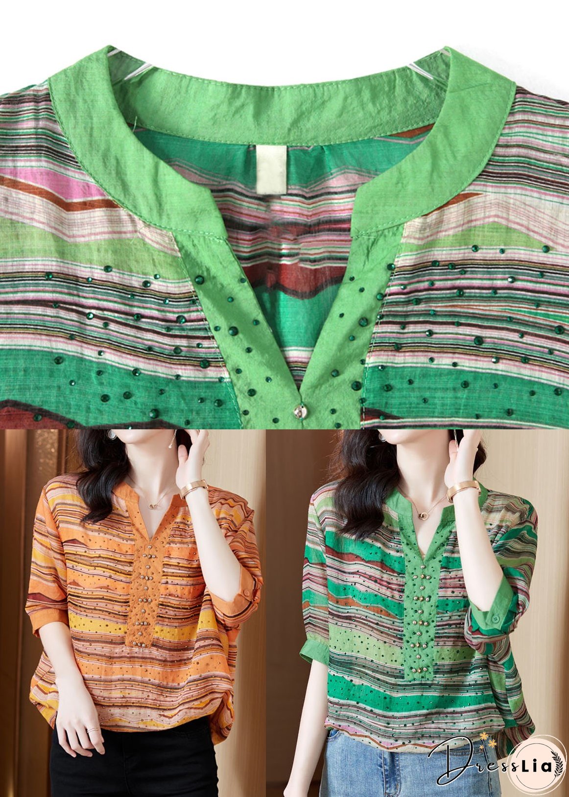 Orange Striped Cotton Shirt V Neck Color Diamond Short Sleeve