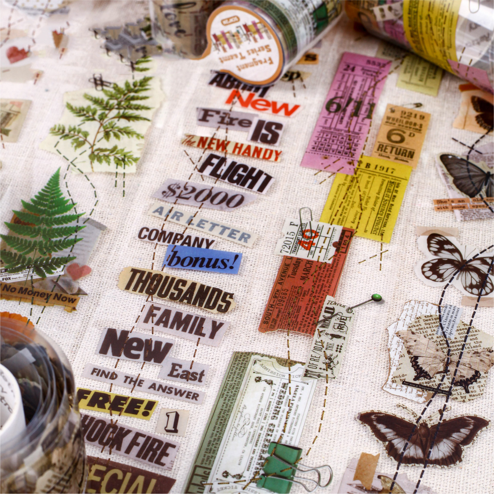 PET 테이프 - 프래그먼트 시리즈 빈티지 식물 나비 단어