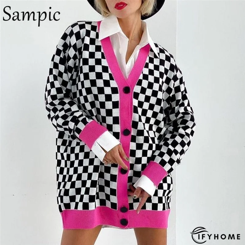 Christmas Gift Sampic Loose Patchwork Knitwear Winter Women Cardigans Tops Oversized Long Sleeve Y2K V Neck Sweater Casual Fashion Tops | IFYHOME