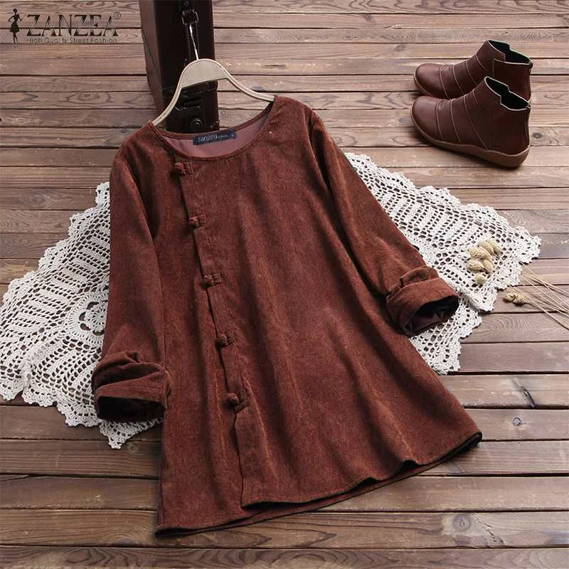 ZANZEA Vintage Corduroy Blouse 2022 Spring Long Sleeve Women Tunic Tops Loose Blusas Solid Blouses Femme Buttons Shirt