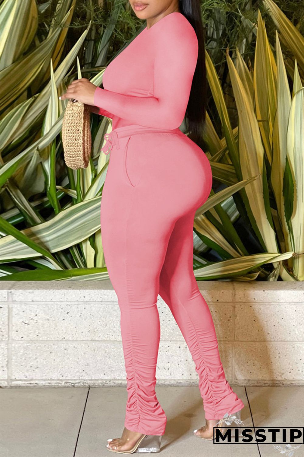 Pink Casual Solid Basic O Neck Long Sleeve Two Pieces