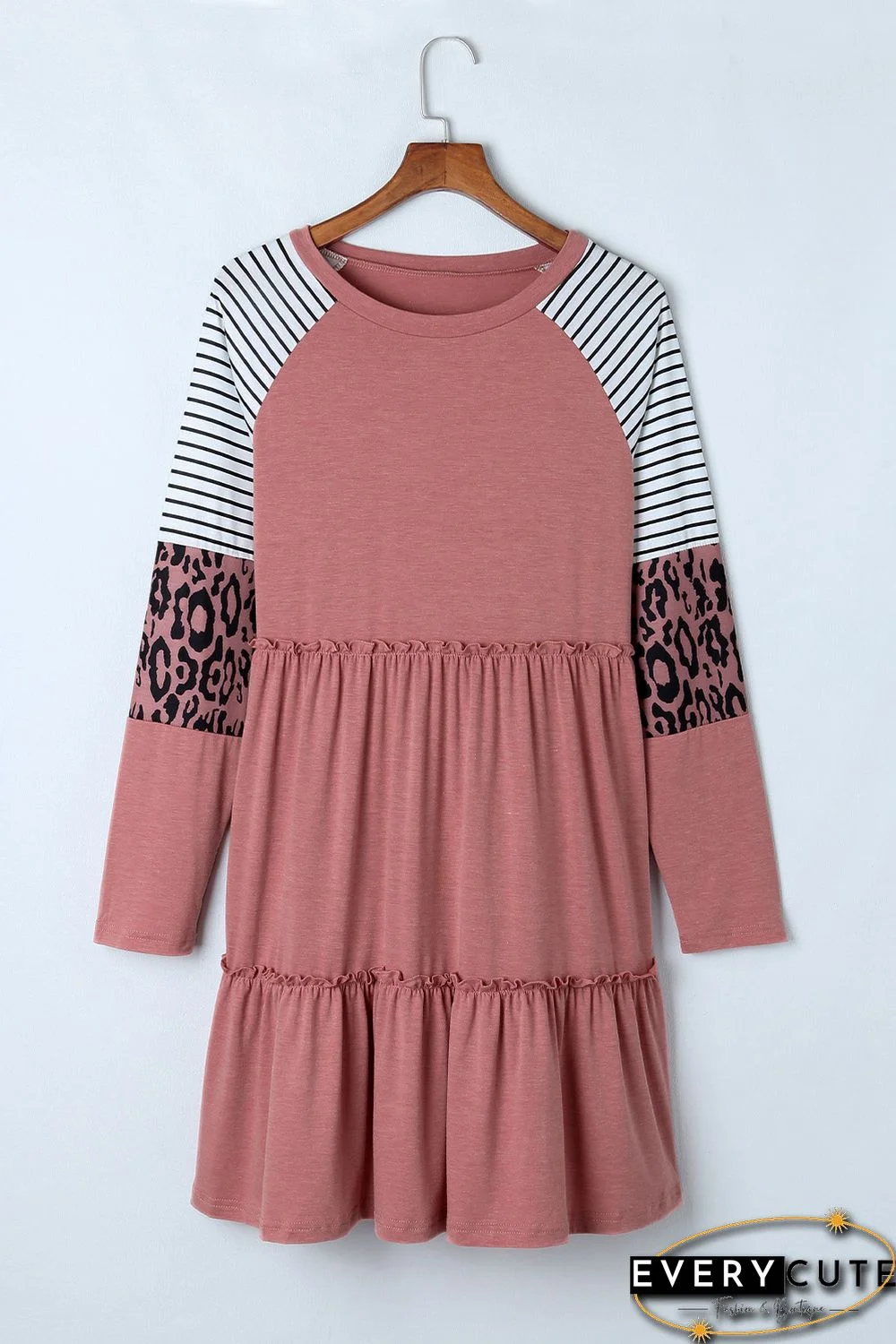 Pink Striped Leopard Patchwork Long Sleeve Mini Dress