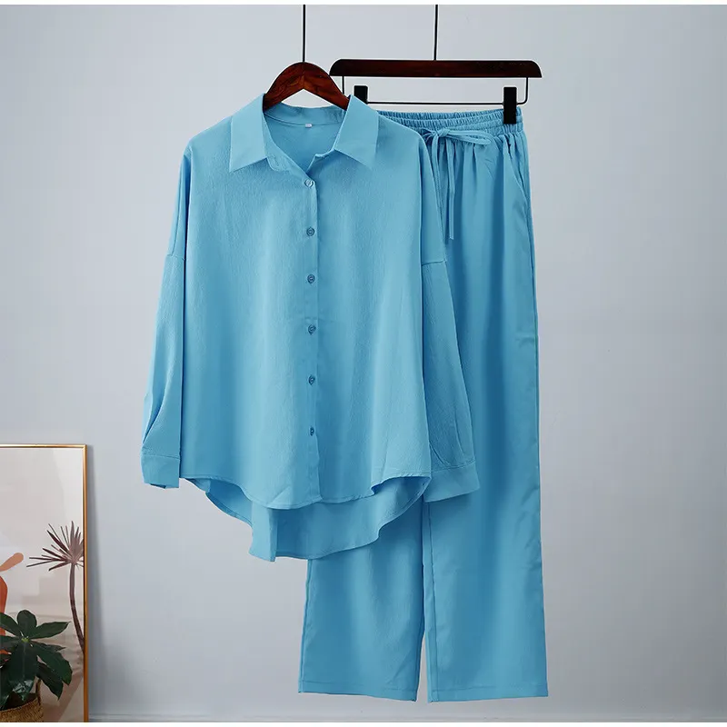 Brownm Brownm Fashion Autumn And Winter New Loose Elastic Wrinkle Long-Sleeved Shirt Broad Leg Pants Casual Suit Women 2 Sets