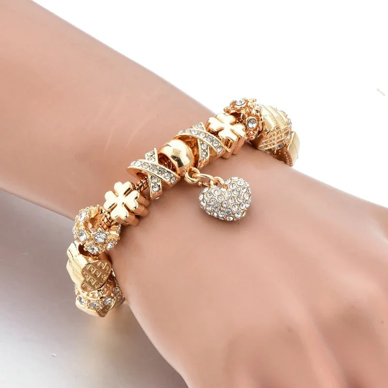 Enchanting Rhinestone Heart of Gold Encrusted Charm Bracelets