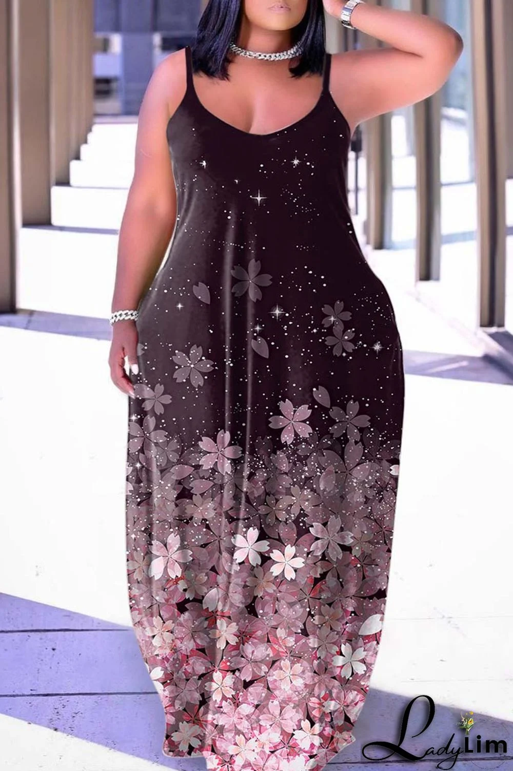 Black Pink Sexy Casual Print Backless Spaghetti Strap Long Dress Dresses