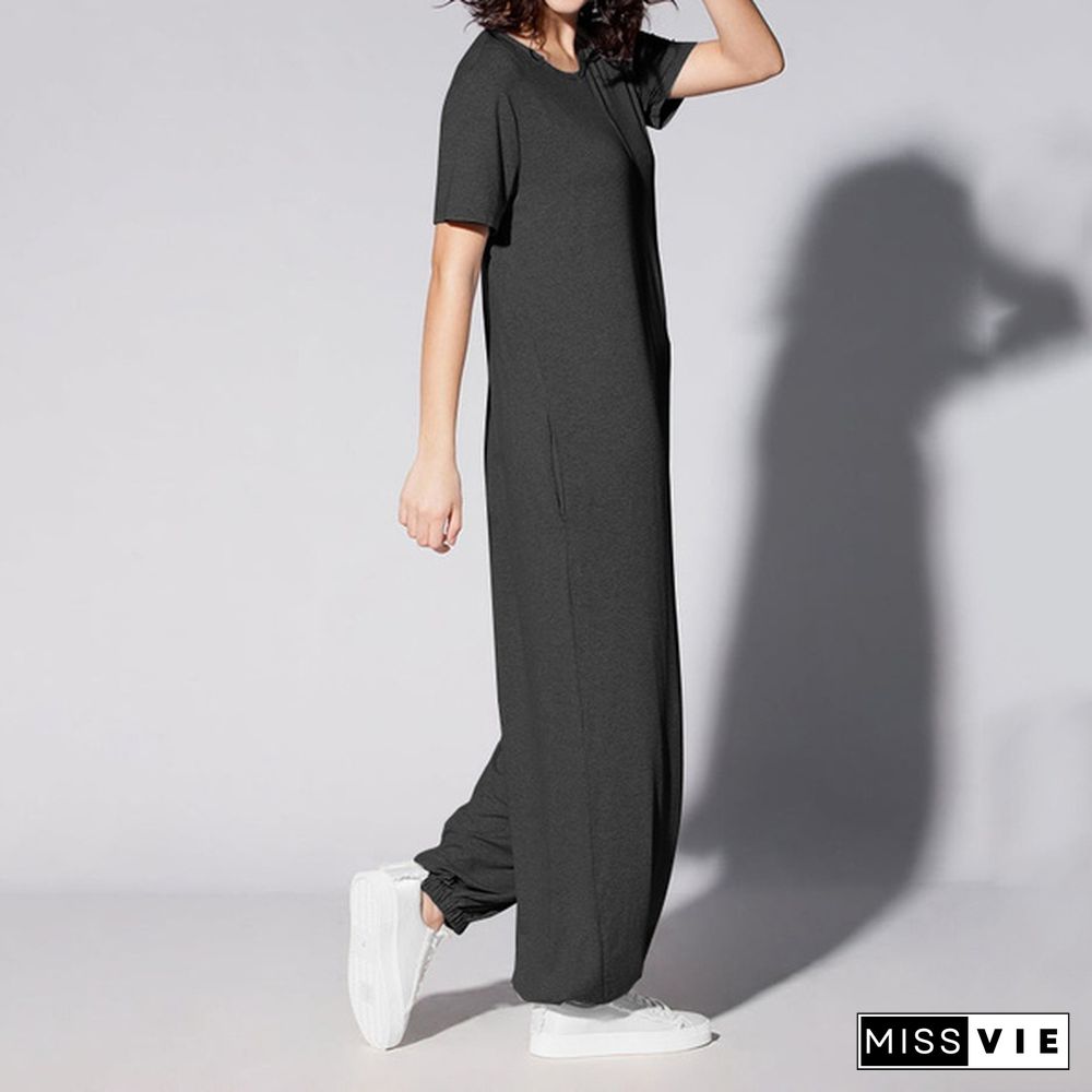 Women Short Sleeve Solid Jumpsuit Casual Loose Baggy Oversized Culottes Playsuit